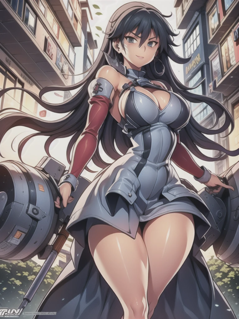 masterpiece,best quality,kim_kwang_hyun, 1girl,musashi , large breasts, large Long hair, Blueish-black hair, bangs, solo, big busty , large huge breasts, looking at viewer,  clear brown colored eyes, earphones, Large Long hair, blueish-black hair, large huge breasts, long sleeves, dress, cleavage, closed mouth,weapon((shield)), puffy sleeves, arm up, clothing cutout, copyright name, green dress, cleavage cutout, juliet sleeves , power armor, shoulder armor, large Long hair, blueish-black hair, city Smile, neon-green colored eye, Wearing earphones