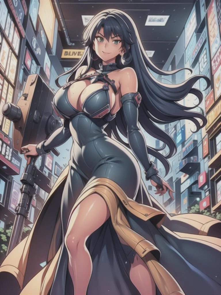 masterpiece,best quality,kim_kwang_hyun, 1girl,musashi , large breasts, large Long hair, Blueish-black hair, bangs, solo, big busty , large huge breasts, looking at viewer,  clear brown colored eyes, earphones, Large Long hair, blueish-black hair, large huge breasts, long sleeves, dress, cleavage, closed mouth,weapon((shield)), puffy sleeves, arm up, clothing cutout, copyright name, green dress, cleavage cutout, juliet sleeves , power armor, shoulder armor, large Long hair, blueish-black hair, city Smile, neon-green colored eye, Wearing earphones