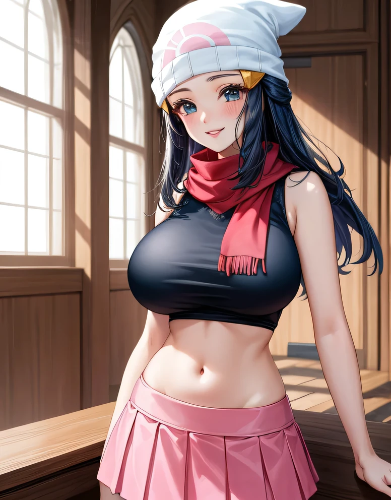 (large breasts:1.77),(shiny hair),((solo)),((masterpiece)),((best quality)),perfect anatomy,slim waist,perfect image,8k UHD,(beautiful detailed eyes:1.5),extremely detailed face,standing,(upper body:1.2),(look at the front:1.5),ultra-detailed,absurdres,ultra-highres,pokemon dawn,(dark blue hair),(blue eyes),sidelocks,long hair,bare shoulders,beanie,black shirt,hat,jewelry,miniskirt,pink skirt,red scarf,scarf,shirt,skirt,sleeveless,sleeveless shirt,white headwear,indoor,lips,smile,blush,18 years-old,