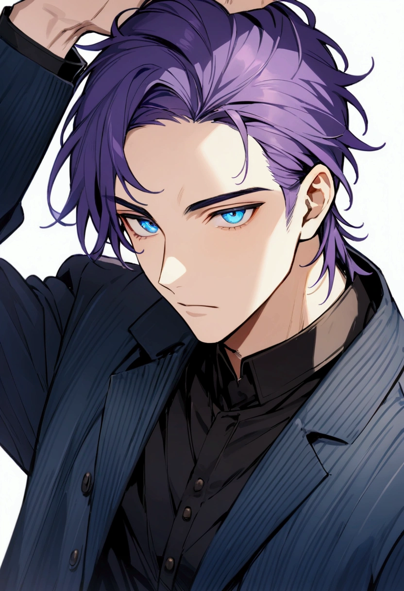 whole body、Character portrait、male、masterpiece、Handsome、The forehead is visible、1 man,  purple Hair、Worn suit、Jacket、Give bangs、Showing his forehead、Handsome、Intricately drawn eyes、good looking、Plain white background、((blue eyes)), 30 years old, handsome male