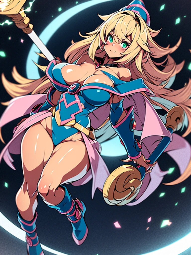 Black Magician Girl、super breasts、thick thighs、blonde hair、magic circle、8K, 4k, highest quality, High resolution: 1.2),、One breast exposed、cute anime face、Pink blush on cheeks、noise removal、Leotard that bites into、have a cane、Hold your cane、Rear view、Turning around、full body portrait、T-back that digs into your butt、Glowing green eyes、serious