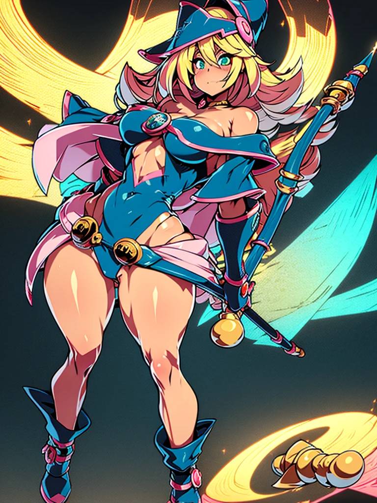 Black Magician Girl、super breasts、thick thighs、blonde hair、magic circle、8K, 4k, highest quality, High resolution: 1.2),、One breast exposed、cute anime face、Pink blush on cheeks、noise removal、Leotard that bites into、have a cane、Hold your cane、Rear view、Turning around、full body portrait、T-back that digs into your butt、Glowing green eyes、serious