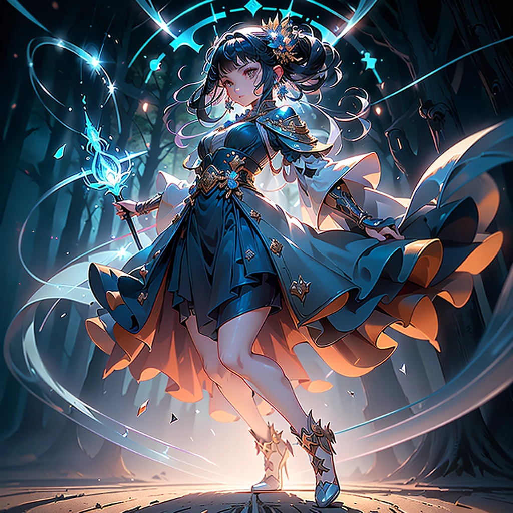 Imagine an animation set in a landscape of ancient ruins composed of minerals that shimmer with metallic blue hues. At the heart of this surreal landscape stands a beautiful girl, dressed in a gown that appears to be made of swirling metallic blue smoke, flowing and twisting around her like it has a life of its own. As the story unfolds, the mineral ruins reveal their mysteries, emitting faint glimmers of light that subtly illuminate the surroundings. The girl seems in harmony with the landscape, her enigmatic presence suggesting a deep and ancient connection between herself and the ruins.