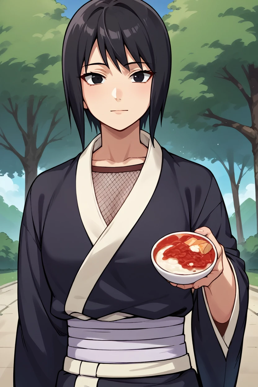  score_9,  score_8_up,  score_7_up,  score_6_up, sauce_Anime BREAK 1girl, Alone,  Shizune ,  Black Hair ,  Black Eyes,   black kimono, (Big Breasts:0.6), looking at you,  place your hand on your lower back, A light smile, Blue Sky, tree