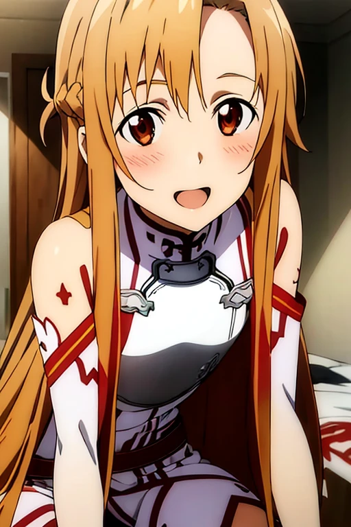 ((Best Quality)), ((masterpiece)), (be familiar with),  perfect face, indoor, bedroom,  watching viewers ,
One woman, Yuuki Asuna,
 open mouth , Ecstatic expression, blush, smile,
Small breasts,  flat chest, , ,  kids, Girl,
Long Hair,  long hair,
Leg spread,