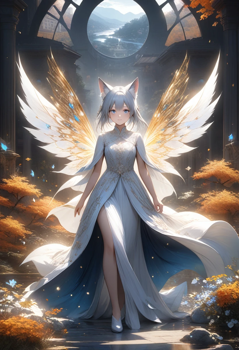 an angelic cat girl (cute woman, age 25, cat ears, over large green eyes, rainbow hair, large white feathered wings, airy sheer white robe, puffy white tail) flying through a dreamy starry sky