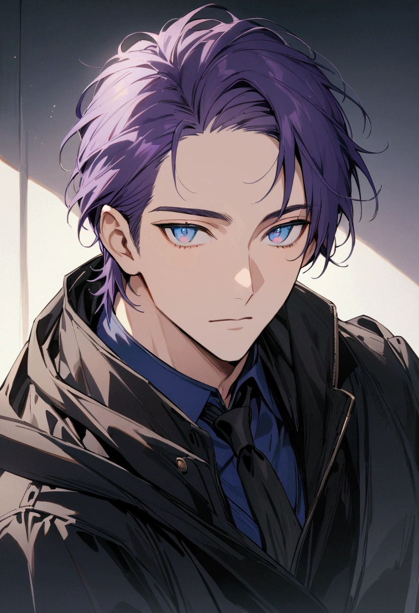 whole body、Character portrait、male、masterpiece、Handsome、The forehead is visible、1 man,  purple Hair、Worn suit、Jacket、Give bangs、Showing his forehead、Handsome、Intricately drawn eyes、good looking、((blue eyes)), 30 years old, handsome male