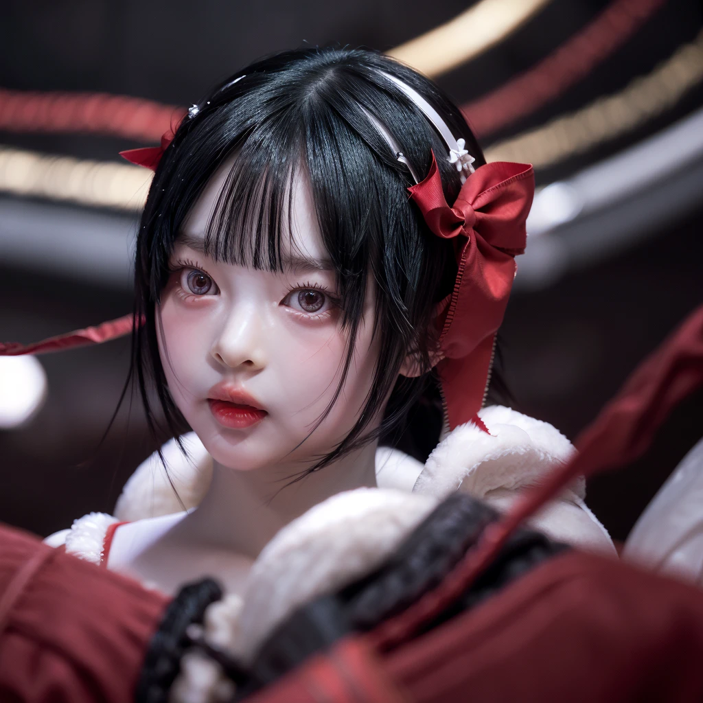 Face close up. Short straight black hair with bangs and a red ribbon bow like Princess Snow White's hairstyle. Pale skin, red cheeks and lips.