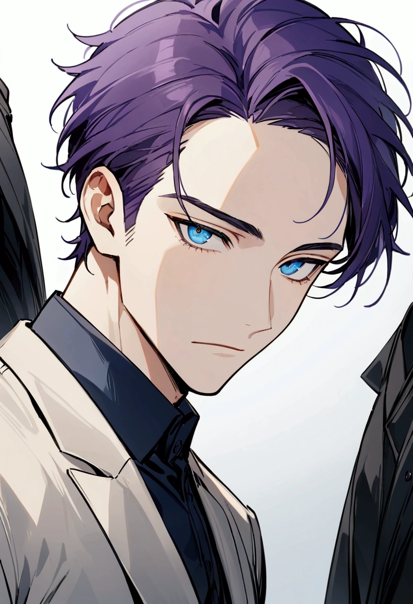 whole body、Character portrait、male、masterpiece、Handsome、The forehead is visible、1 man,  purple Hair、Worn suit、Jacket、Give bangs、Showing his forehead、Handsome、Intricately drawn eyes、good looking、((blue eyes)), 30 years old, handsome male