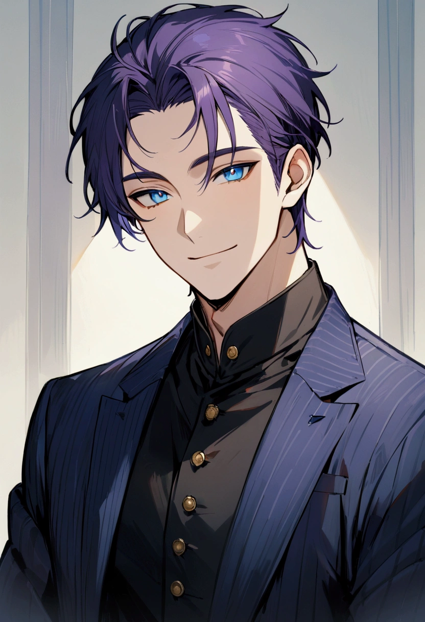 whole body、Character portrait、male、masterpiece、Handsome、The forehead is visible、1 man,  purple Hair、Worn suit、Jacket、Give bangs、Showing his forehead、Handsome、Intricately drawn eyes、good looking、((blue eyes)), 30 years old, handsome male, smiling