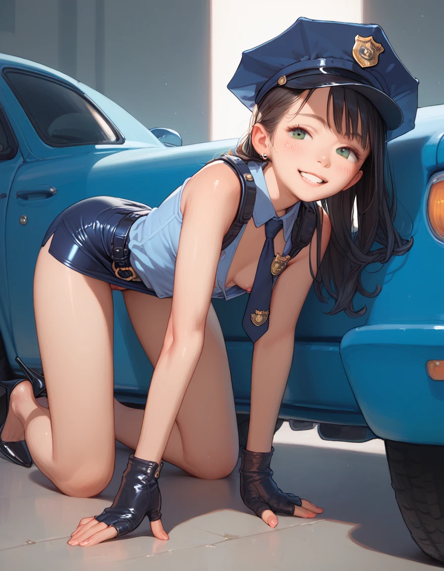 1girl,police costume,smile,small breasts,pencil skirt,high heels,all on fours,from behind