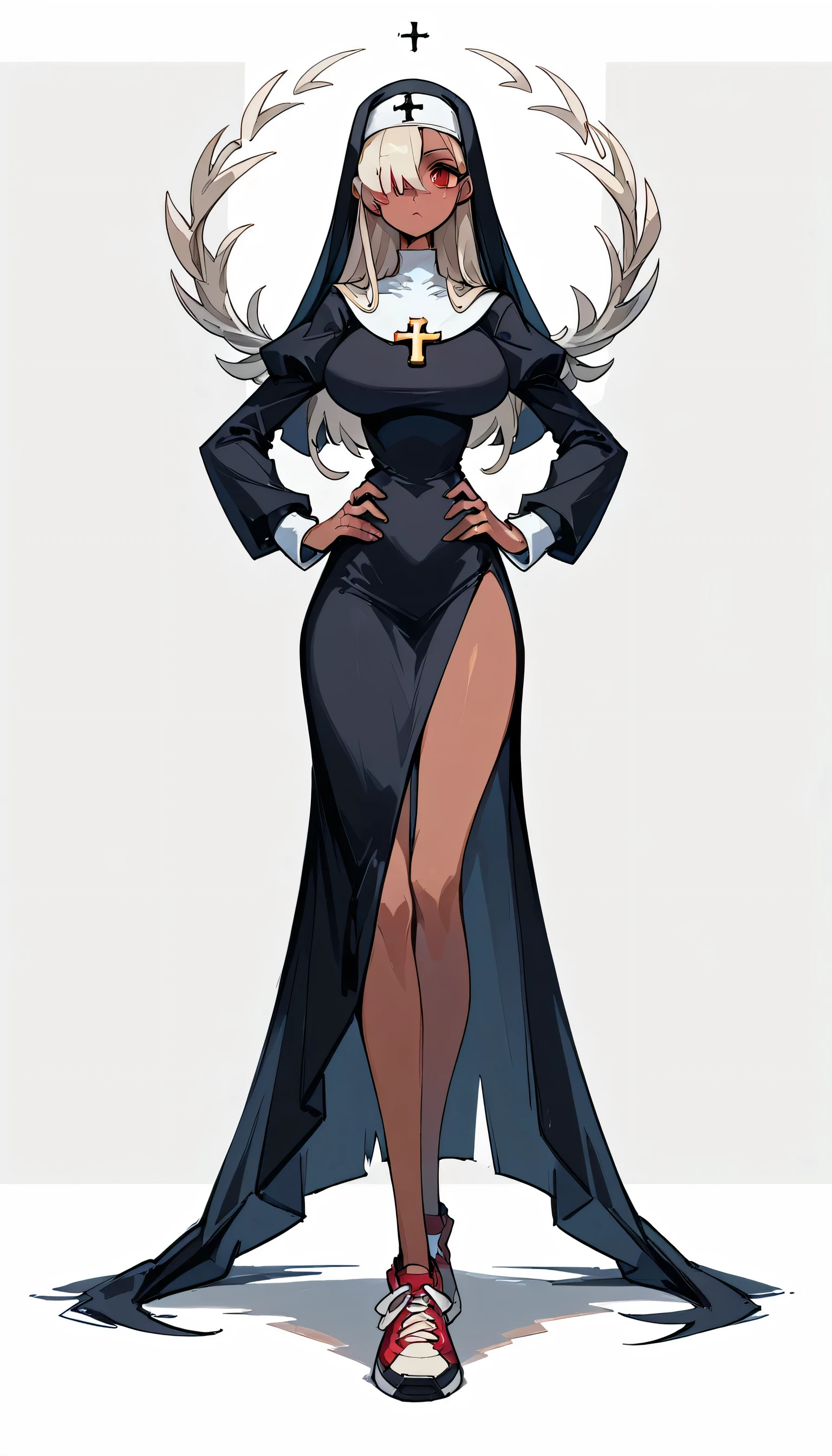 masterpiece, 4k, details, extreme details, high resolution , skullgirl art style , 1 woman , brown skin , white long hair, red eyes, hair cover one eye , hands on hips , mischievous face , nun costume , large breasts , leg slit dress , long legs , sneakers