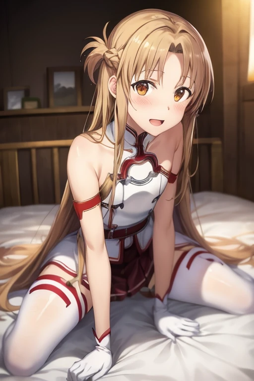 ((Best Quality)), ((masterpiece)), (be familiar with),  perfect face, indoor, bedroom,  watching viewers ,
One woman, Yuuki Asuna,
 open mouth , Ecstatic expression, blush, smile,
Small breasts,  flat chest, , ,  kids, Girl,
Long Hair,  long hair,
Leg spread,