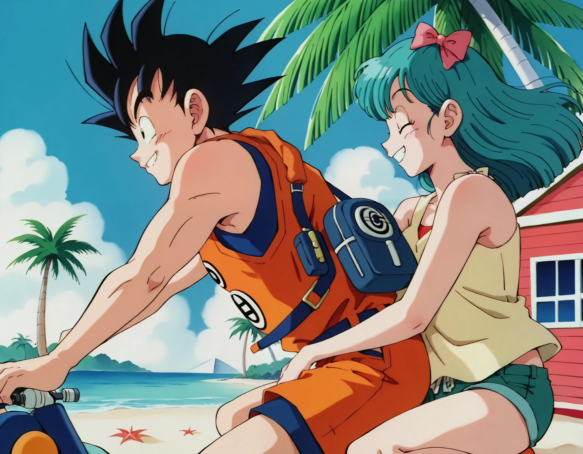  whistling Son Goku wearing Turtle-school gi & 17yo teenling sweetly Bulma Brief with middle-long hair wearing beach tanktop and hotpants, (wind blown effect:1.5), speeding, (anime characters speeding riding on top of motorbike on a beach road near beach house palm trees:1.5), adventurous pair, Bulma wearing a backpack holding Dragon Radar, (Bulma is hugging on to Goku closely from the back), anime cels, anime shadings, reimagined in a style of akira toriyamas smooth lining, copic marker, 90s anime art style, anime style. 8k, anime! 4k, anime! 4 k, anime 4 k,(score_10,score_9,score_8,score_7), side view,