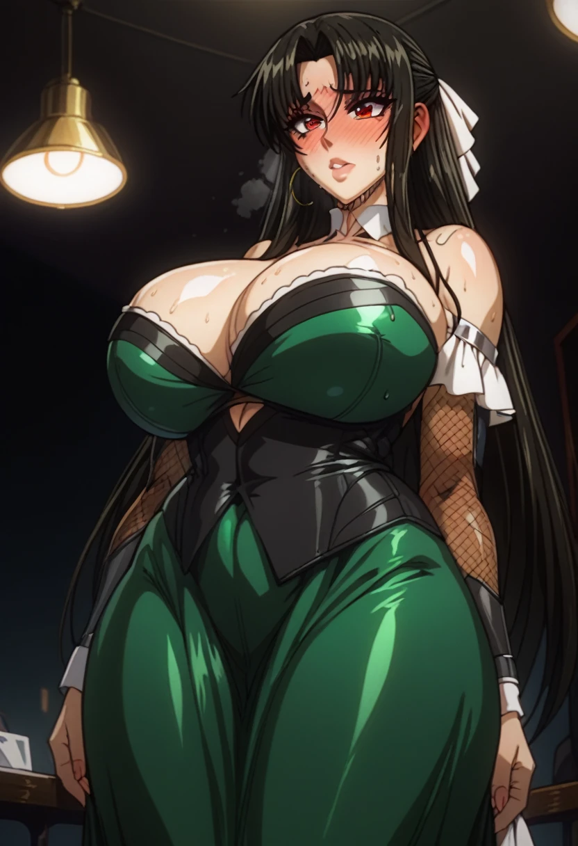 ((sexy girl))nsfw, blushing, flushed face, huge breasts, long hair, (chigusa nana:1.3), dark room, netorare, white ribbon, netorare, (sweat), sweating, long hair, standing, courtesan dress, indoors, clothed, voluptuous, (taimanin asagi), modern brothel, ((prostitute)), standing, nice hips, solo,