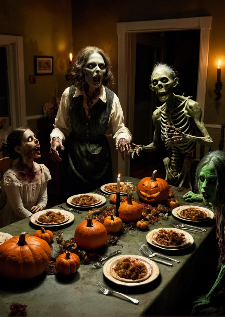 Zombies attend the first thanksgiving to feast on pilgrims