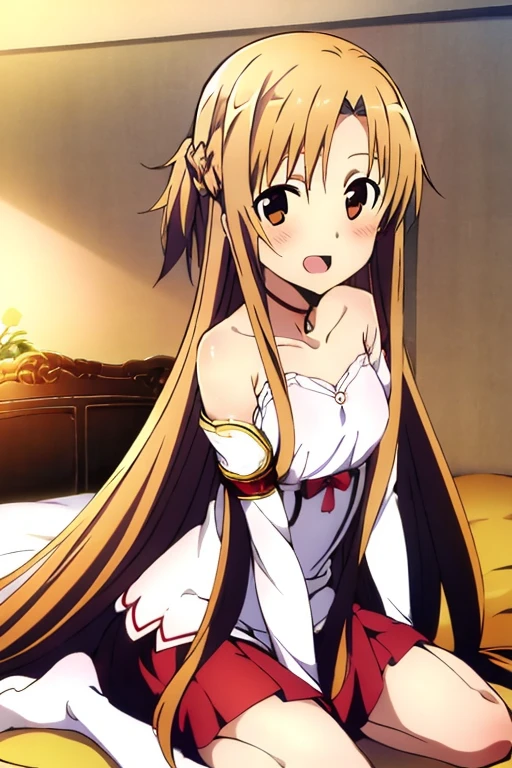 ((Best Quality)), ((masterpiece)), (be familiar with),  perfect face, indoor, bedroom,  watching viewers ,
One woman, Yuuki Asuna,
 open mouth , Ecstatic expression, blush, smile,
Small breasts,  flat chest, , ,  kids, Girl,
Long Hair,  long hair,
Leg spread,