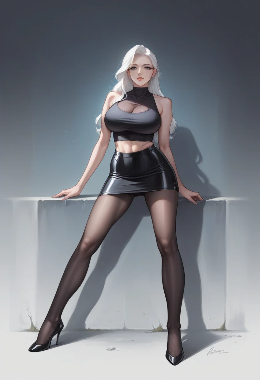 a mature woman with long white hair, confident and elegant expression, wearing a tight black stocking, short black skirt, and a sleeveless black top, full body view, big breasts, pretty face, realistic anime style, intricate details, highly detailed, 8k, photorealistic, dramatic lighting, warm color palette, cinematic composition