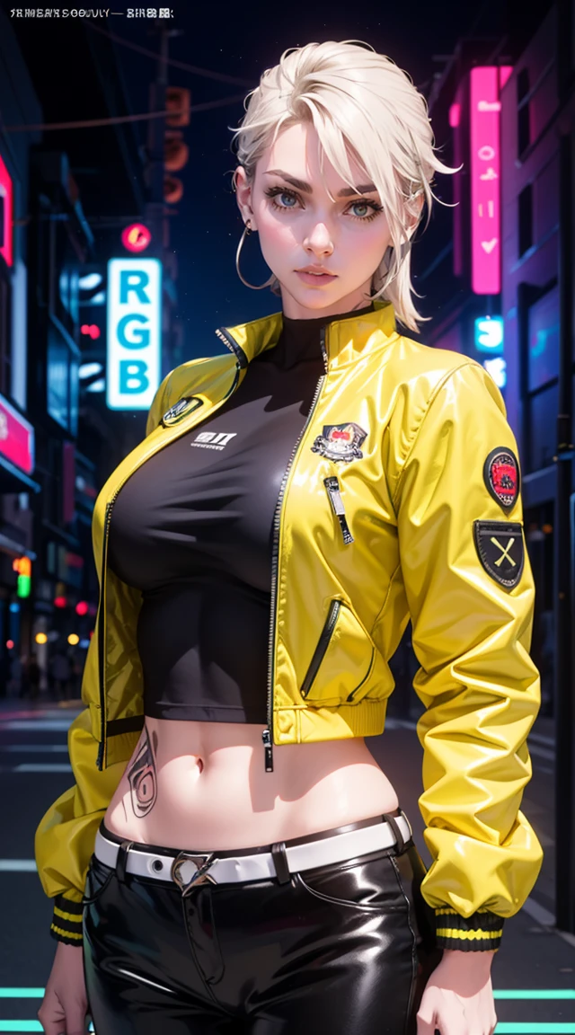 Beautiful woman is shown to have a sexy figure, colorful hair, wearing future red and white cyber city clothes, big red and white colorful puffy jacket, lots of facial piercings, tattoos, neon city, cybernetics, she has red eyes, sexy session, elegant posing, cowboy shot, superior quality, many details, realistic,