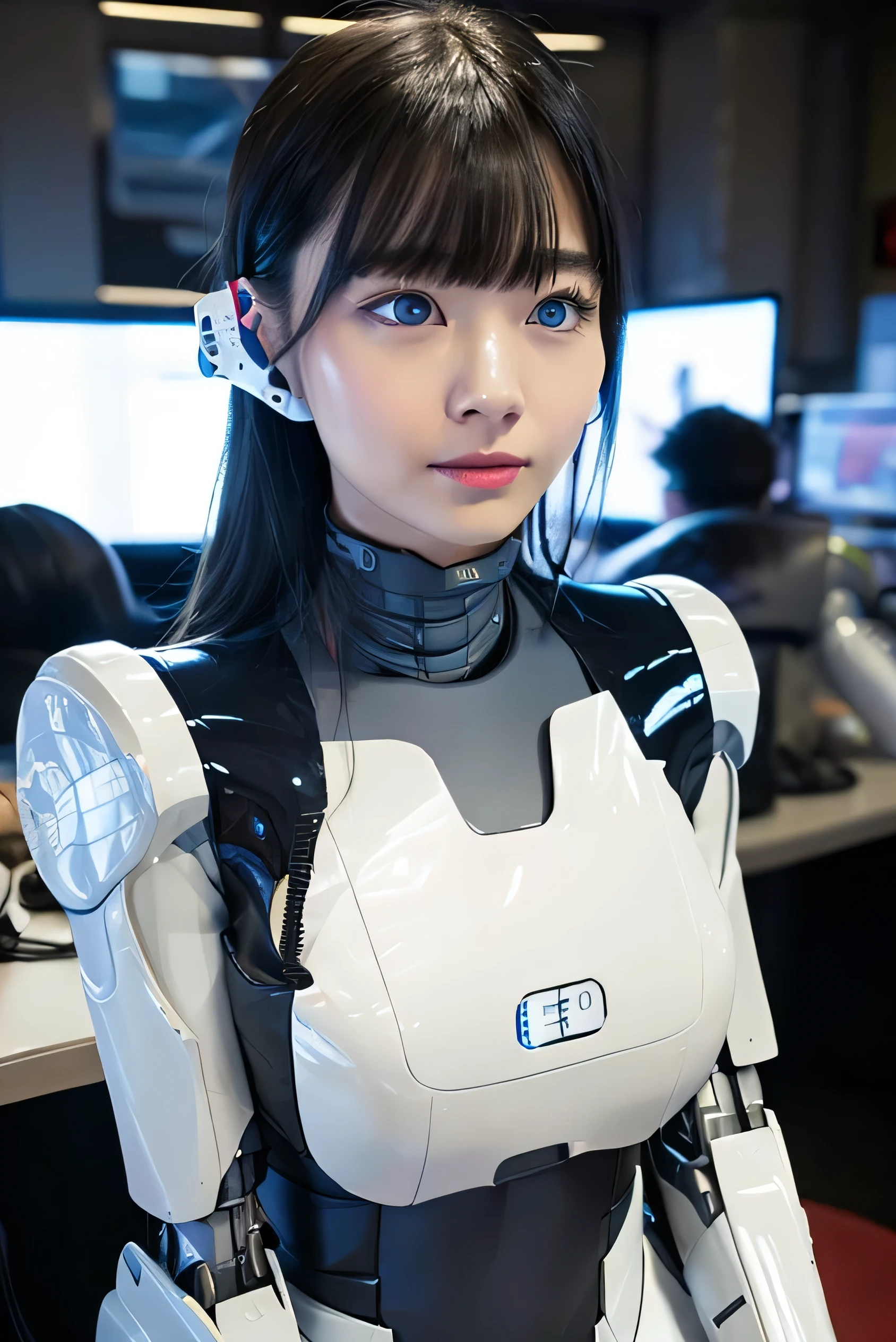 masterpiece, best quality, extremely detailed,  Japaese Cyborg girl,Plump , control panels,android,Droid,Mechanical Hand, Robot arms and legs, Black Robot Parts,Black hair,Mechanical body,Blunt bangs,White robotics parts,perfect robot girl,long tube,thick cable connected her neck,ceramic body ,mechanical body, mechanical ear cover, mechanical costume,android,robot,humanoid,cyborg,japanese android woman ,mechanical chest,full eyes,future laboratory,connecting a cable between the legs,blue eyes