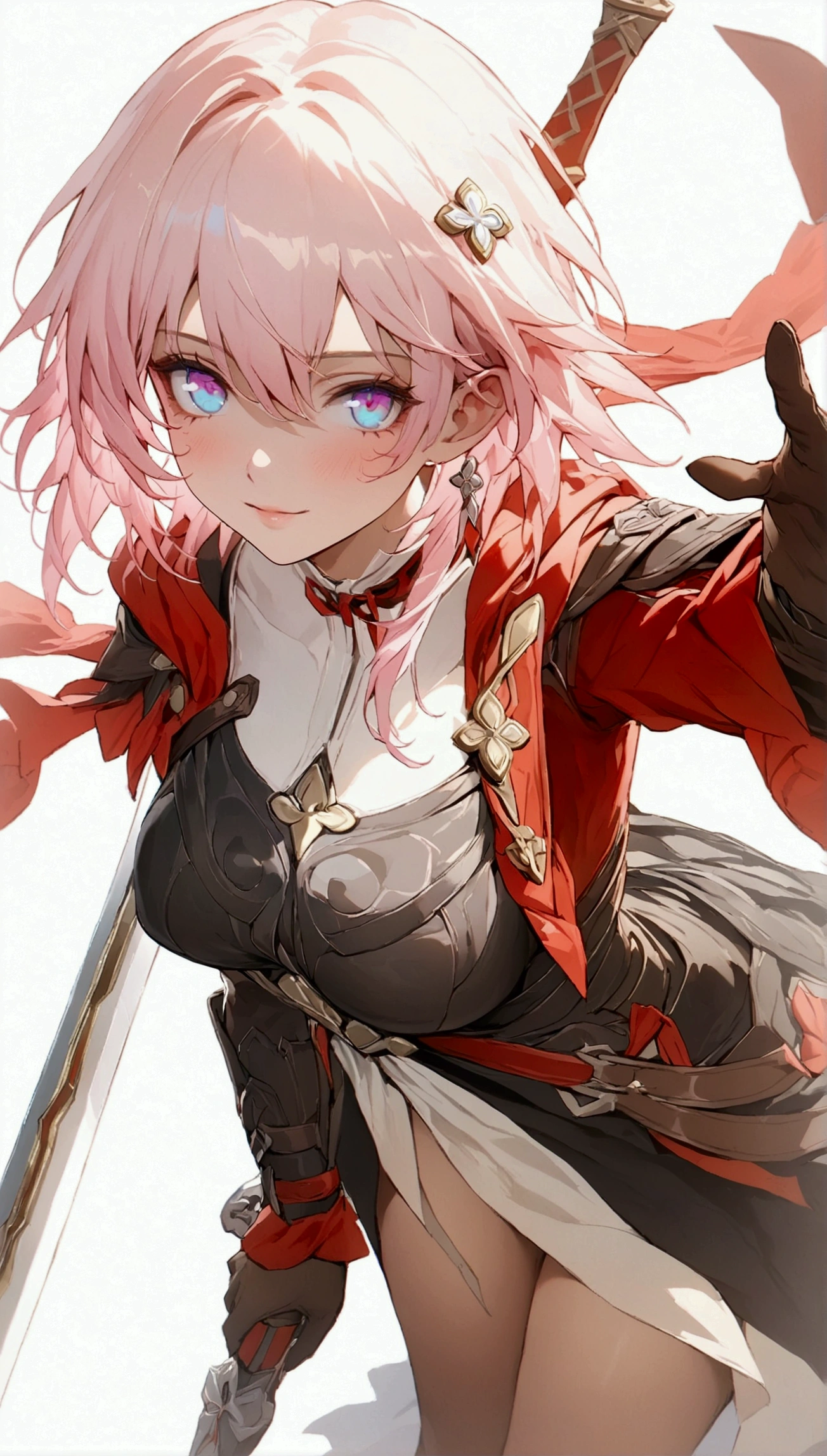 (Masterpiece. The best quality. 8K. Sharp focus. Depth of field, The best shadows. Perfect lighting. HDR. Realistic skin texture. Ultra-detailed background. Detail). Anime style. 1 girl. Honkai: Star Rail. March 7 Assassin's Creed. Pink hair. Short hair. Beautiful hair. Ultra-detailed hair. Two-tone eyes. Pink and blue eyes. Beautiful eyes. Beautiful eyes. Expressive eyes. Ultra-detailed eyes. Perfect face. Beautiful face. Cute face. Beautiful nose. Thin lips. Ultra-detailed face. Perfect anatomical body. Slender body. Slender figure. Average height. Slender waist. Fourth size breasts. Large breasts. Beautiful breasts. Rounded hips. Beautiful, long arms. Beautiful, long legs. Ultra-detailed arms. Ultra-detailed legs. Ultra-detailed body.  White and red Robe of Assassin's Creed, with a hood. Hood worn on head. Hood on head. Shadow from the hood falls on face. Iron bracers. Brown leather gloves. Sword in right hand. Hidden blade in bracer on left hand. Ultra-detailed weapon. Ultra-detailed clothing. Girl standing in full growth. Girl standing in full growth. No background. White background. No wallpaper. White wallpaper. Full body. Ultra-detailed graphics. Ultra-detailed picture. Highest resolution.