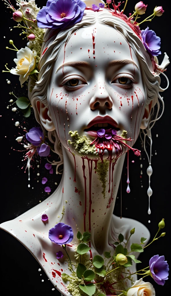  A destroyed sculpture of a human face with blurred and erotic moss with traits, , its surface is covered with alien plants .  Long antennae and brightly colored flowers grow from her eyes and mouth ,  parasitic on the sculpture .  Purple plants , blue, and green, with an unusual brilliance .  Background — a dimly lit art space .  The earth is covered with wilted plants and strange bioluminescent moss .