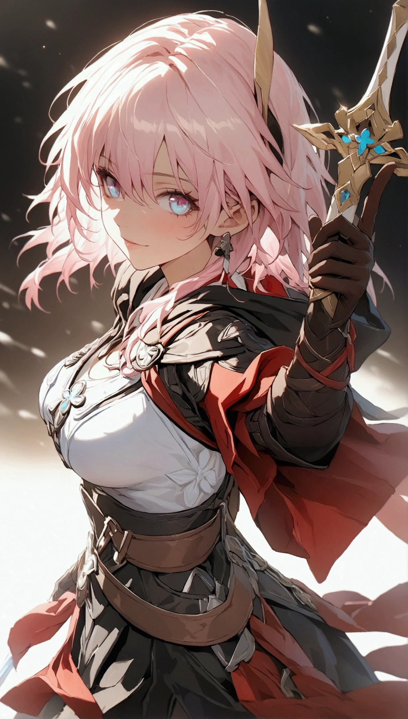 (Masterpiece. The best quality. 8K. Sharp focus. Depth of field, The best shadows. Perfect lighting. HDR. Realistic skin texture. Ultra-detailed background. Detail). Anime style. 1 girl. Honkai: Star Rail. March 7 Assassin's Creed. Pink hair. Short hair. Beautiful hair. Ultra-detailed hair. Two-tone eyes. Pink and blue eyes. Beautiful eyes. Beautiful eyes. Expressive eyes. Ultra-detailed eyes. Perfect face. Beautiful face. Cute face. Beautiful nose. Thin lips. Ultra-detailed face. Perfect anatomical body. Slender body. Slender figure. Average height. Slender waist. Fourth size breasts. Large breasts. Beautiful breasts. Rounded hips. Beautiful, long arms. Beautiful, long legs. Ultra-detailed arms. Ultra-detailed legs. Ultra-detailed body.  White and red Robe of Assassin's Creed, with a hood. Hood worn on head. Hood on head. Shadow from the hood falls on face. Iron bracers. Brown leather gloves. Sword in right hand. Hidden blade in bracer on left hand. Ultra-detailed weapon. Ultra-detailed clothing. Girl standing in full growth. Girl standing in full growth. No background. White background. No wallpaper. White wallpaper. Full body. Ultra-detailed graphics. Ultra-detailed picture. Highest resolution.