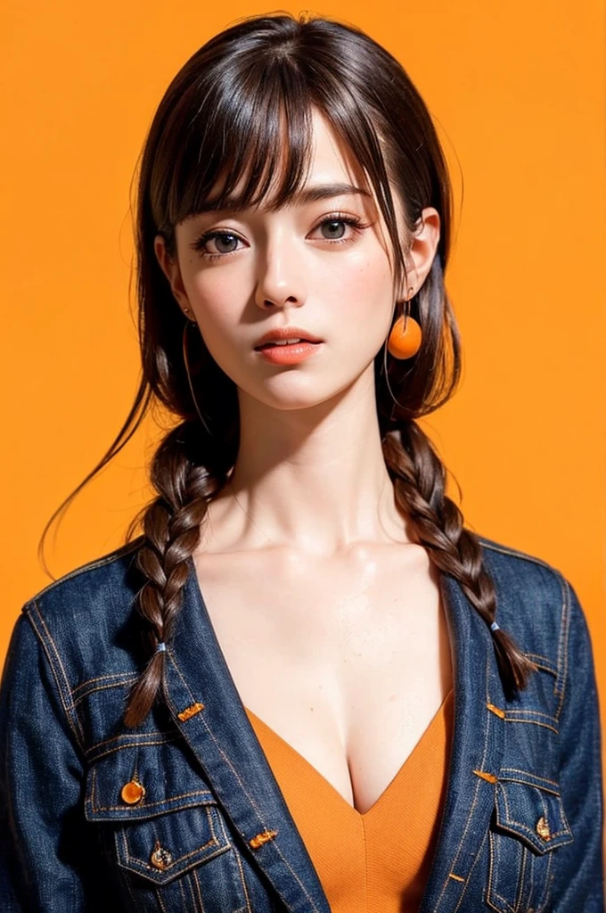 (masterpiece, highest quality, sfw:1.8),1 girl, alone, realistic, realistic, light colored black eyes, black twin braids hair with highly detailed shiny hair, Winter clothes, Whity, lips, bangs, outdoor, closed mouth, Upper body、Big eyes、eyelash、((very simple orange background:1.8))、(((Black French Braid, Big eyes、big and full chest、avoiding eye contact 、beautiful beauty、show me your ears、long neck、low hairline、small forehead)))、ideal body proportions、{Huge|big|Huge|mega} chest, cleavage:2, Blushing, Shy smile, Embarrassed, Flushed cheeks, Timid expression, Coy look, Bashful, Sheepish grin, ((professor, motherhood))

