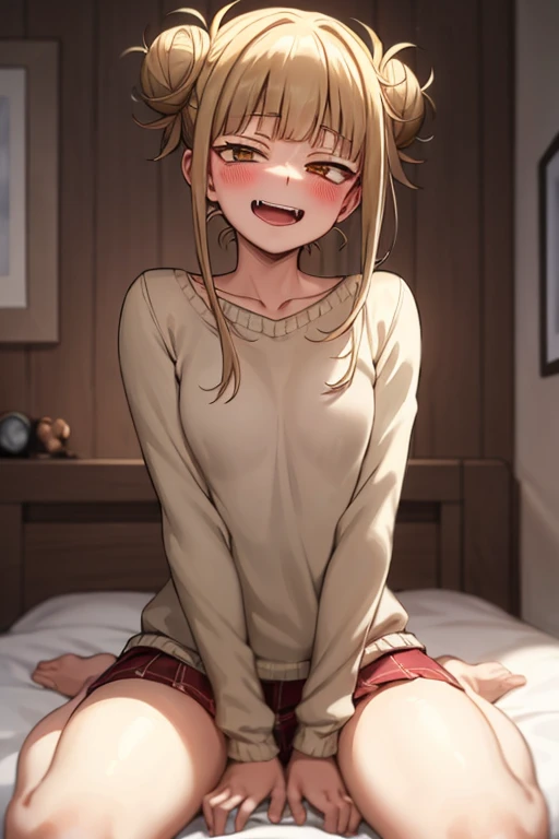 ((Best Quality)), ((masterpiece)), (be familiar with),  perfect face, indoor, bedroom,  watching viewers ,
One woman, I was,
 open mouth , Ecstatic expression, blush, smile,
Small breasts,  flat chest, , ,  kids, Girl,
Long Hair, Twin bun hairstyle,
Leg spread,