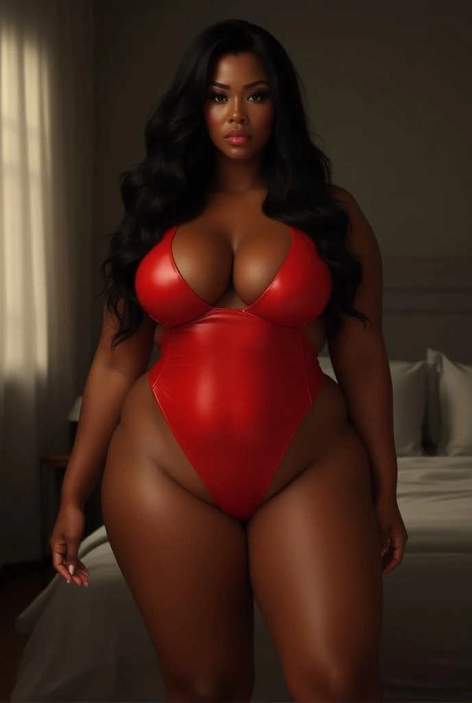 full body portrait of young (very fat) black woman in red latex swimsuit on strips, lying on bed with legs wide, plump fluffy arms