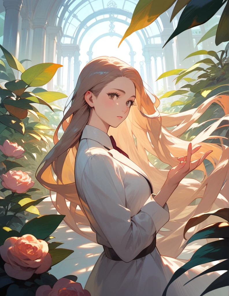 a beautiful young girl, detailed facial features, long eyelashes, porcelain skin, flowing hair, detailed clothing, elegant pose, serene expression, ornate garden setting, lush flora, warm lighting, photorealistic, intricate details, vibrant colors, masterpiece, 8k, high resolution, professional art