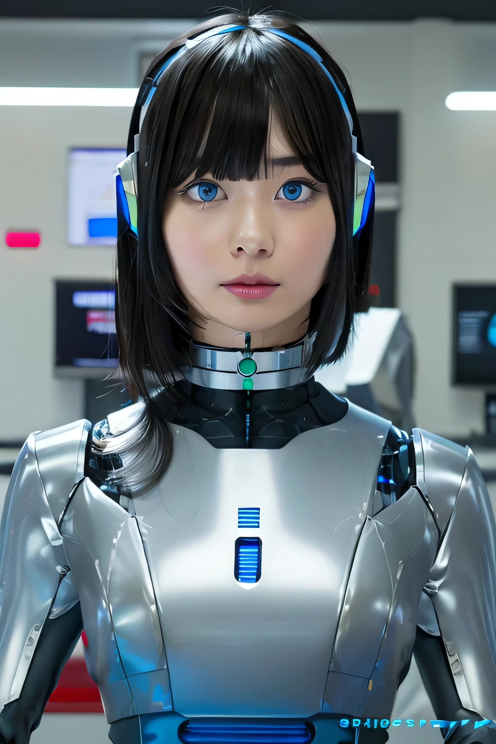 masterpiece, best quality, extremely detailed,  Japaese android girl,Plump , control panels,android,Droid,Mechanical Hand, Robot arms and legs, Black Robot Parts,Black hair,Mechanical body,Blunt bangs,White robotics parts,perfect robot girl,future information counter,reception,long tube,thick cable connected her neck,ceramic body ,mechanical body,mechanical costume,android,robot,humanoid,cyborg,information office,japanese android receptionist ,mechanical chest,blue eyes,office-lady