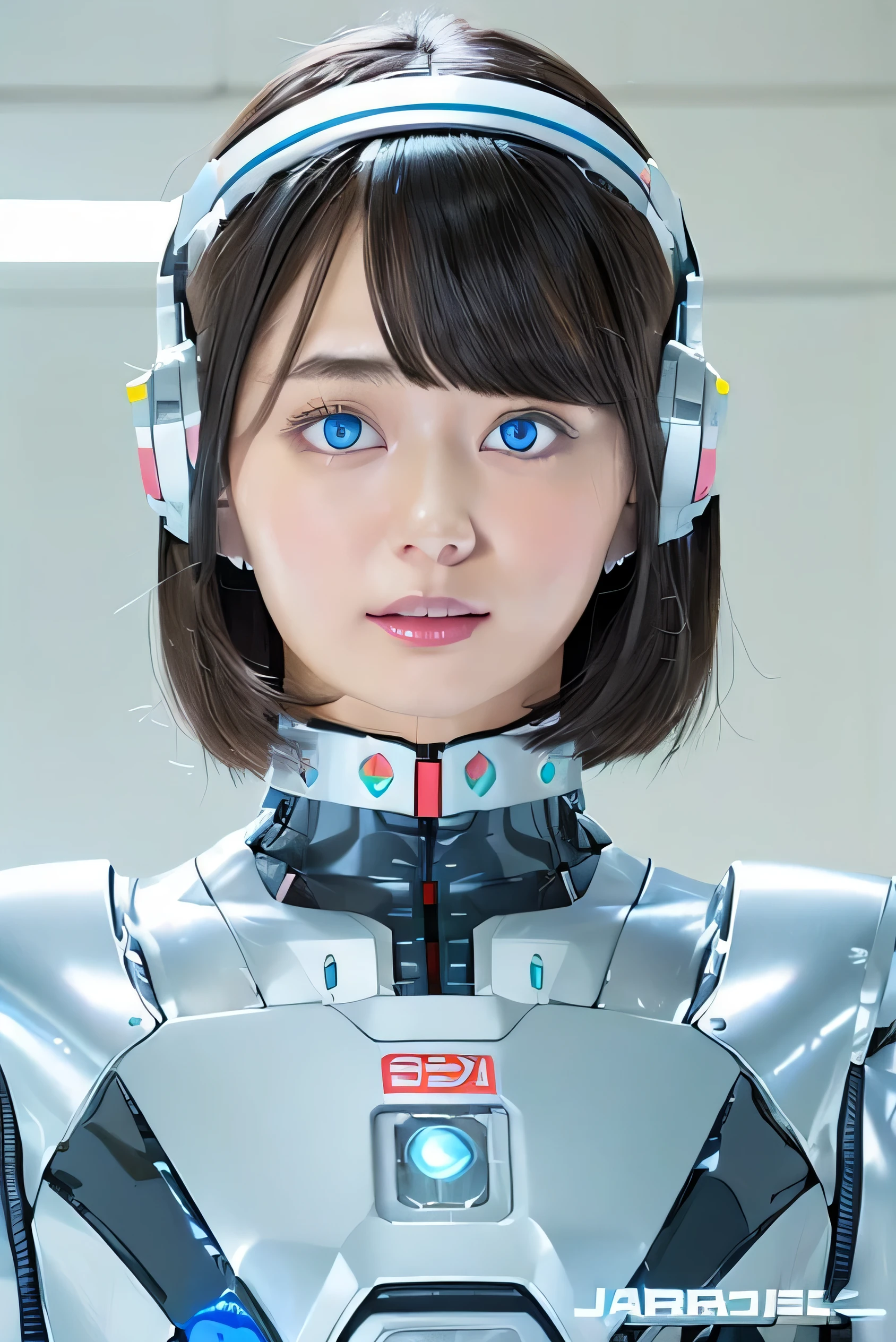 masterpiece, best quality, extremely detailed,  Japaese android girl,Plump , control panels,android,Droid,Mechanical Hand, Robot arms and legs, Black Robot Parts,Black hair,Mechanical body,Blunt bangs,White robotics parts,perfect robot girl,future information counter,reception,long tube,thick cable connected her neck,ceramic body ,mechanical body,mechanical costume,android,robot,humanoid,cyborg,information office,japanese android receptionist ,mechanical chest,blue eyes,office-lady