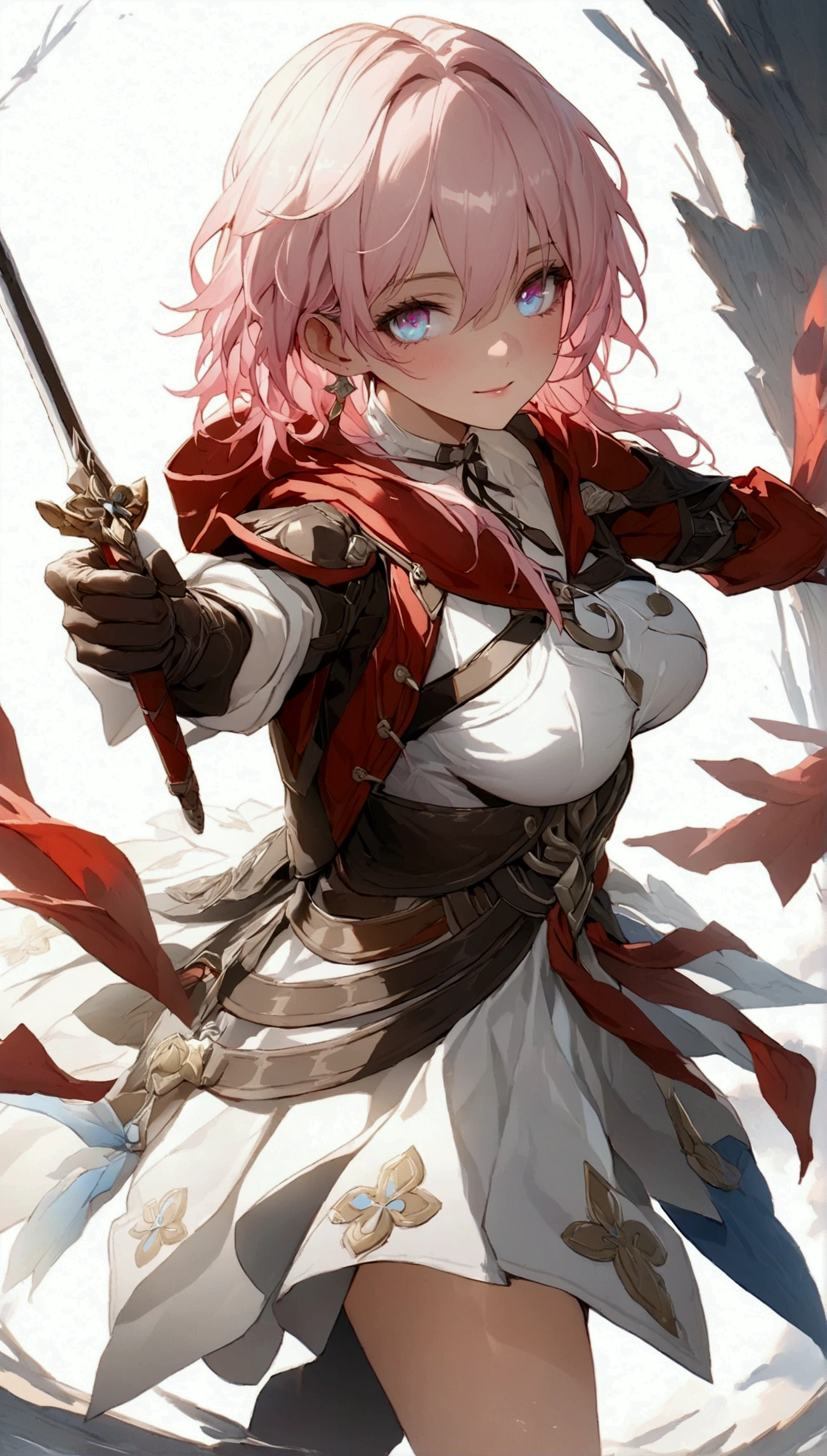 (Masterpiece. The best quality. 8K. Sharp focus. Depth of field, The best shadows. Perfect lighting. HDR. Realistic skin texture. Ultra-detailed background. Detail). Anime style. 1 girl. Honkai: Star Rail. March 7 Assassin's Creed. Pink hair. Short hair. Beautiful hair. Ultra-detailed hair. Two-tone eyes. Pink and blue eyes. Beautiful eyes. Beautiful eyes. Expressive eyes. Ultra-detailed eyes. Perfect face. Beautiful face. Cute face. Beautiful nose. Thin lips. Ultra-detailed face. Perfect anatomical body. Slender body. Slender figure. Average height. Slender waist. Fourth size breasts. Large breasts. Beautiful breasts. Rounded hips. Beautiful, long arms. Beautiful, long legs. Ultra-detailed arms. Ultra-detailed legs. Ultra-detailed body.  White and red Robe of Assassin's Creed, with a hood. Hood worn on head. Hood on head. Shadow from the hood falls on face. Iron bracers. Brown leather gloves. Sword in right hand. Hidden blade in bracer on left hand. Ultra-detailed weapon. Ultra-detailed clothing. Girl standing in full growth. Girl standing in full growth. No background. White background. No wallpaper. White wallpaper. Full body. Ultra-detailed graphics. Ultra-detailed picture. Highest resolution.