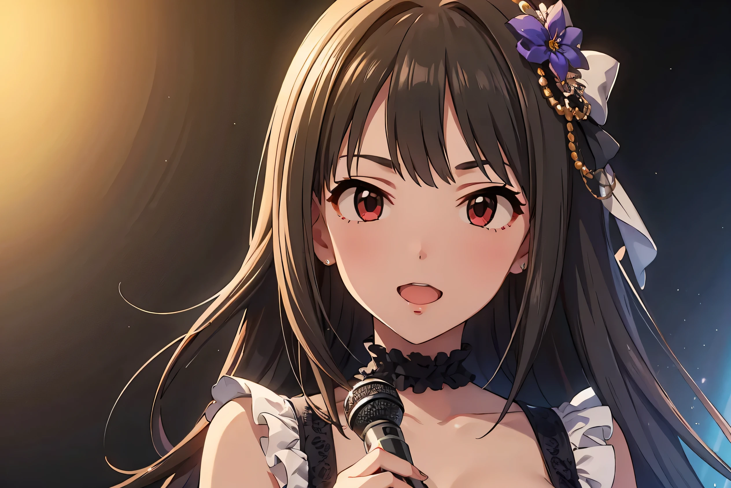 ((masterpiece、Best Quality、Super detailed、Very detailed 8K CG wallpaper))、1 Girl、solo、 medium breasted 、 The Idolmaster、黒ゴシックdress、Red eyes、Open your mouth、Hair accessories、 cleavage、dress、ribbon、Frills、microphoneスタンド、microphone、Nice hands、Perfect hands、stage、 Portrait 、