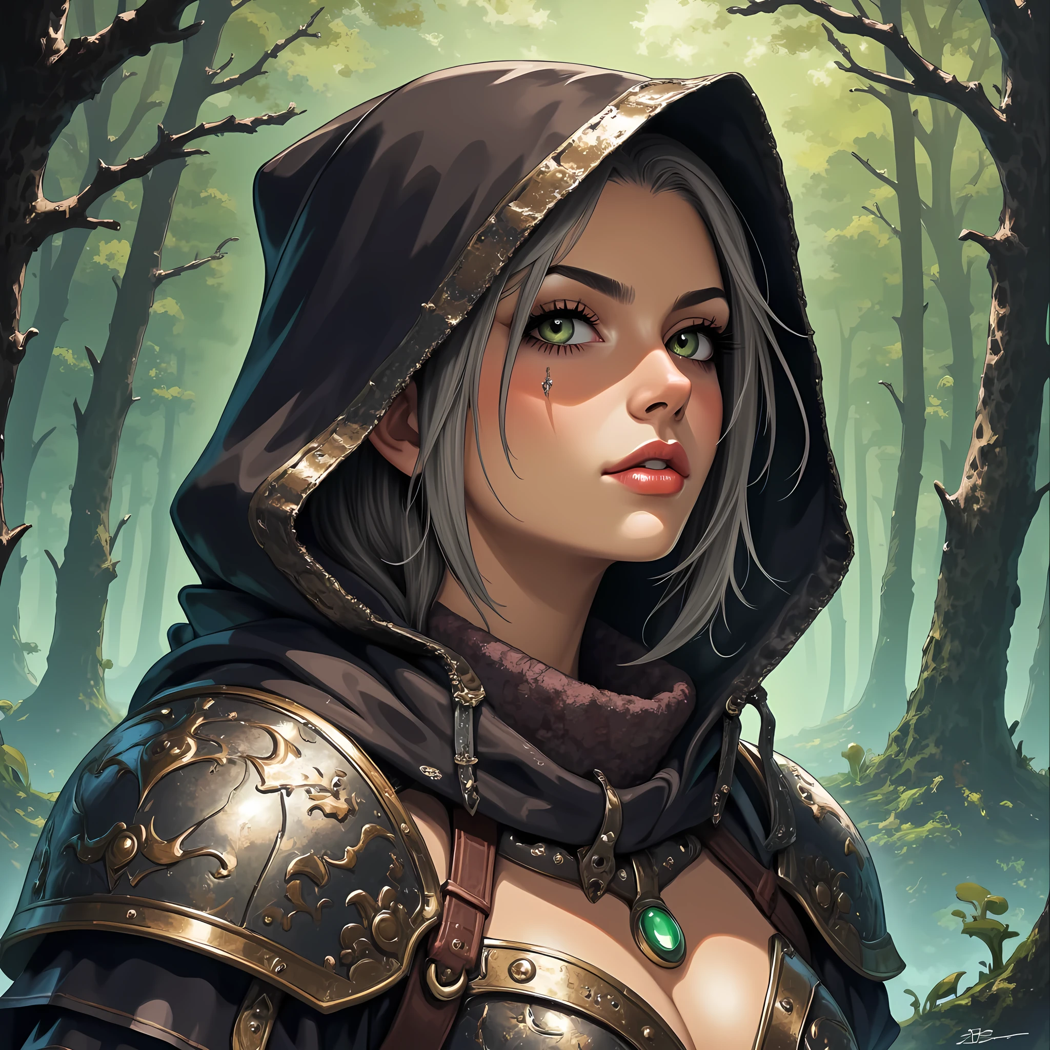 a powerful, dark fantasy portrait of a female rogue. She has striking, intense green eyes and long, silver hair that peeks out from under a weathered, hooded cloak. Her expression is fierce and determined, with a hint of mystery. She wears intricately crafted, dark metallic armor with detailed engravings and a layered scarf around her neck. The atmosphere around her is dark and ominous, with a dimly lit background that accentuates her serious demeanor and readiness for battle. The lighting casts dramatic shadows, emphasizing the textures of her armor and the depth of her gaze, creating a mood of suspense and resilience. Anime style