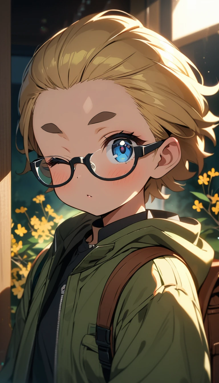 anime,(masterpiece: 1.2), (best quality: 1.2), perfect eyes, perfect face, perfect lighting, photo,Ambient Light,portrait,BREAK,((loli)),skinny,flat chested,(forehead,hair slicked back:1.3),Beautiful blonde hair,(blue eyes),(black nodoka glasses),thick bluish eyeshadow, thin eyebrows, thick black eyeliner, Highlighted eyes with eyeliner, false eyelashes,BREAK, ((osmanthus)),Green mountain parka, backpack, beige chinos,all fours,Look back here,standing