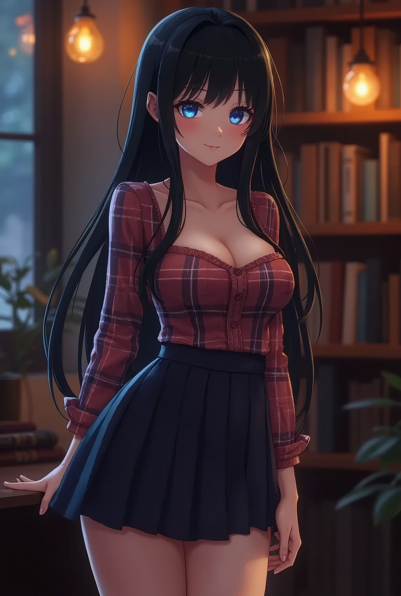 (best quality, ultra-detailed, photorealistic: 1.39), bright and vibrant colors, studio lighting, romantic expression, An effeminate girl, with a delicate and beautiful face. She is a girl who reflects seductive beauty, sparkling eyes, A beautiful adult woman beautiful and silky black hair, with her large breasts seduces, long-sleeved plaid print blouse, pleated skirt with socks with supports, with her blue eyes that matches her soft smile, in a beautiful pose demonstrating her seduction in the book library, night with soft lighting, anime style, like a manwha character