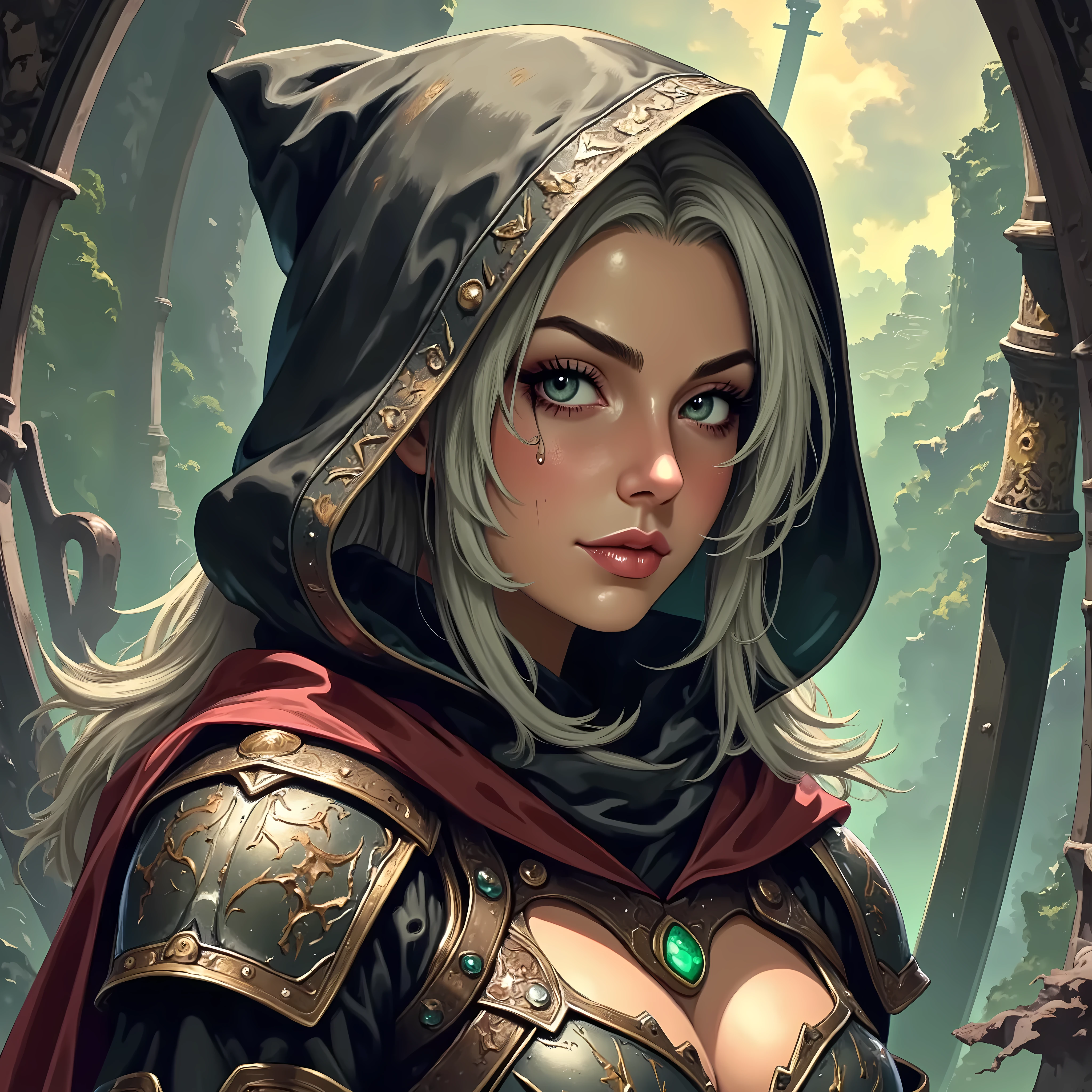 a powerful, dark fantasy portrait of a female rogue. She has striking, intense green eyes and long, silver hair that peeks out from under a weathered, hooded cloak. Her expression is fierce and determined, with a hint of mystery. She wears intricately crafted, dark metallic armor with detailed engravings and a layered scarf around her neck. The atmosphere around her is dark and ominous, with a dimly lit background that accentuates her serious demeanor and readiness for battle. The lighting casts dramatic shadows, emphasizing the textures of her armor and the depth of her gaze, creating a mood of suspense and resilience.