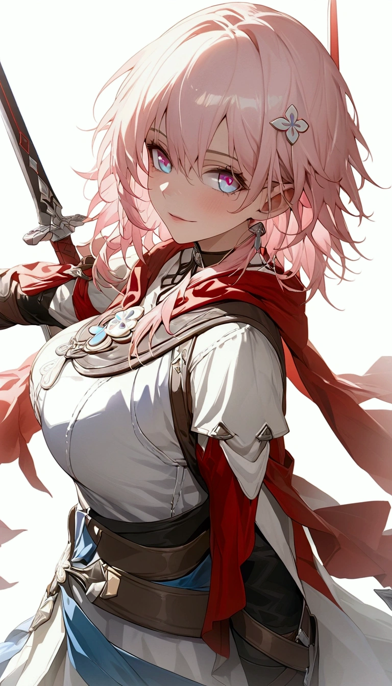 (Masterpiece. The best quality. 8K. Sharp focus. Depth of field, The best shadows. Perfect lighting. HDR. Realistic skin texture. Ultra-detailed background. Detail). Anime style. 1 girl. Honkai: Star Rail. March 7 Assassin's Creed. Pink hair. Short hair. Beautiful hair. Ultra-detailed hair. Two-tone eyes. Pink and blue eyes. Beautiful eyes. Beautiful eyes. Expressive eyes. Ultra-detailed eyes. Perfect face. Beautiful face. Cute face. Beautiful nose. Thin lips. Ultra-detailed face. Perfect anatomical body. Slender body. Slender figure. Average height. Slender waist. Fourth size breasts. Large breasts. Beautiful breasts. Rounded hips. Beautiful, long arms. Beautiful, long legs. Ultra-detailed arms. Ultra-detailed legs. Ultra-detailed body.  White and red Robe of Assassin's Creed, with a hood. Hood worn on head. Hood on head. Shadow from the hood falls on face. Iron bracers. Brown leather gloves. Sword in right hand. Hidden blade in bracer on left hand. Ultra-detailed weapon. Ultra-detailed clothing. Girl standing in full growth. Girl standing in full growth. No background. White background. No wallpaper. White wallpaper. Full body. Ultra-detailed graphics. Ultra-detailed picture. Highest resolution.