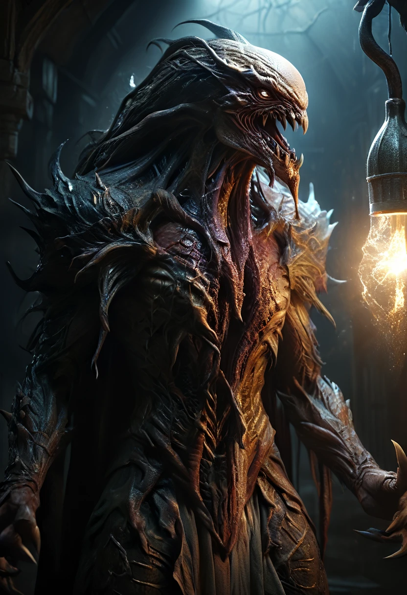  a monstrous human-like woman , White monster, fangs, Claws, four arms ,   complicated detailed design  , dark fantasy, filmic,  dramatic light ,  very detailed , photorealistic, 8k, (best quality:1.2), hyper realistic, (masterpiece:1.4), Dark, Ominous atmosphere, Surreal,   light-dark lighting ,  moody shadows ,  deep black , dramatic highlights,  gothic scary story , (realistic,photorealistic,photo-realistic:1.37), ( she is half-French ,  and is a breathtaking beauty with detailed eyes and a high nose:1.1), thick eyebrows,  detailed facial features , longer, graceful neck,  flowing strands of hair ,  upright and elegant posture ,  dreamy atmosphere , surrealism, mystical aura,  Charlie Bowater ,