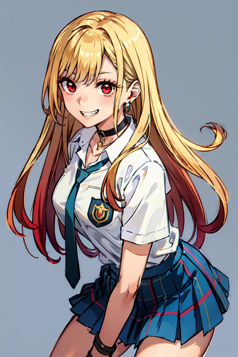 line drawing, simple background, grin, 1girl, marin kitagawa, long hair, bangs, blonde hair, (red eyes:1.5), multicolored hair, skirt, shirt, jewelry, school uniform, white shirt, pleated skirt, earrings, necktie, choker, bracelet, blue skirt, plaid, black choker, plaid skirt,, looking at view, sexy pose,  middle breast, peace sin, smile, 