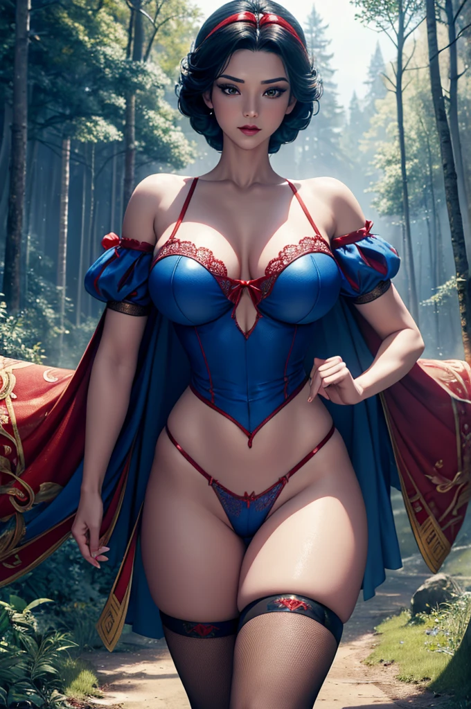 Pose sensual, Snow White  , realistic 1.2,    Snow White  ,  Disney Princess , athletic body, with short hair,   Red ribbon on the head ,   Meias arrastão, large breasts , trees behind, Sensual, red and blue lingerie , fishnet stockings, vfx (Visual Effect)  highlight intricate anatomical features in a perfect way. sfx, complement visual art, immersing the viewer. The level of detail is inspiring,  with meticulously crafted intricate elements ,  Volumetric effects add depth and dimension , and the photorealism is unmatched.  The image is rendered in 8K resolution ,  ensuring super-detailed visuals . Volumetric lightning adds a touch of magic,  highlighting their beauty and the aura of a supernatural form .  High Dynamic Range technology  (HDR)  makes the cores stand out , adding richness to the overall composition. Finally, this art presents an unreal portrait.