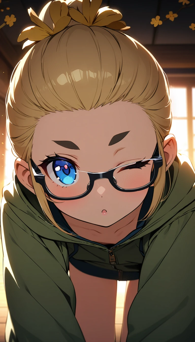 anime,(masterpiece: 1.2), (best quality: 1.2), perfect eyes, perfect face, perfect lighting, photo,Ambient Light,portrait,BREAK,((loli)),skinny,flat chested,(forehead,hair slicked back:1.3),Beautiful blonde hair,(blue eyes),(black nodoka glasses),thick bluish eyeshadow, thin eyebrows, thick black eyeliner, Highlighted eyes with eyeliner, false eyelashes,BREAK, ((osmanthus)),Green mountain parka, backpack, beige chinos,all fours,Look back here,standing