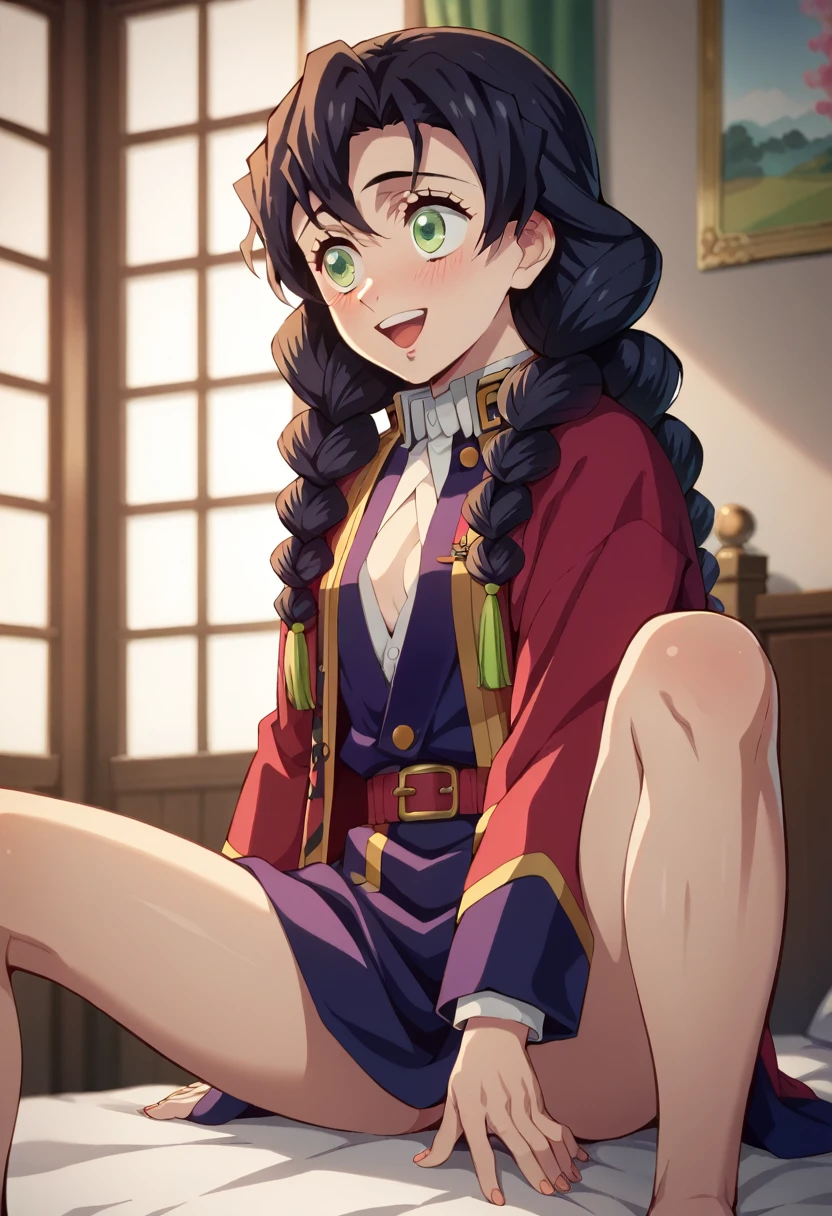 ((Best Quality)), ((masterpiece)), (be familiar with),  perfect face, indoor, bedroom,  watching viewers ,
One woman, Kanroji Mitsuri,
 open mouth , Ecstatic expression, blush, smile,
Small breasts,  flat chest, , ,  kids, Girl,
Long Hair,  Had,
Leg spread,