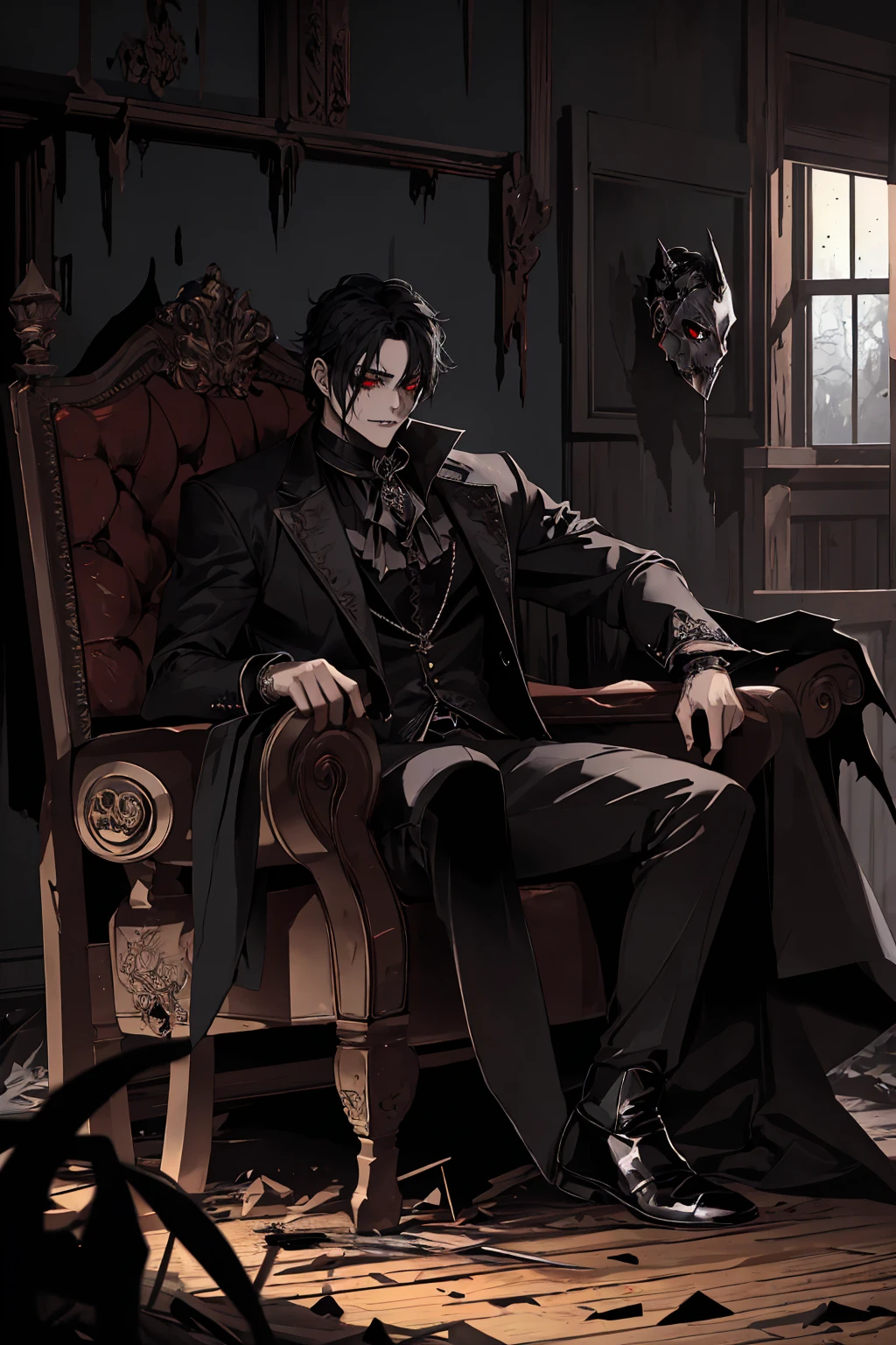 1 attractive man, lying on a chair, wearing a Scream Mask, attractive, Gap moe, Yandere Grimdark, abs, concept art Seductive Halloween, pose with legs apart in a very masculine and manly way, masculine pose, black hair, red eyes (high resolution), ((tmasterpiece)), ((Best quality)), Ultra-sharp, 8k, intricate details, dark fantasy art style, dark fantasy illustration, dark fantasy style art, art dark fantasy horror, dark fantasy art, dark fantasy mixed with realism, dark fantasy artwork, background; scary cabin, broken objects, broken glass on the floor, dark cabin, at night.
