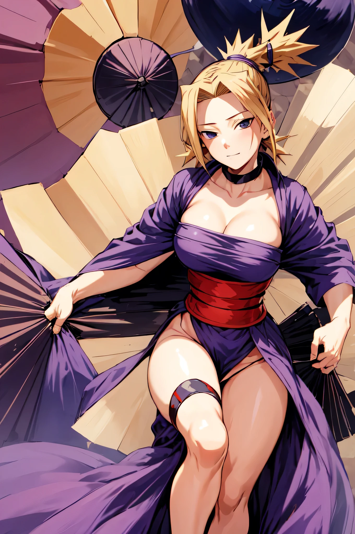  Best quality, masterpiece, 1 girl,  she has clean eyes and gritty blond hair ,  that are collected on four consecutive braids.  At the beginning of the first season ,  Temari is wearing a purple dress ,  attaches the fan to her back with a red belt .  Shinobi wears her neck bandage .  She puts a net on her left thigh and right knee .  Her blond hair is tied in 4 bundles .  the dress has changed .  Temari started wearing a bright purple tunic ,  and underneath her short dark blue skirt .  The fan is again fastened to her back with a red belt .  The nets remain the same .  The hairstyle remains the same . gorgeous ass,  uncensored , you can see cowards