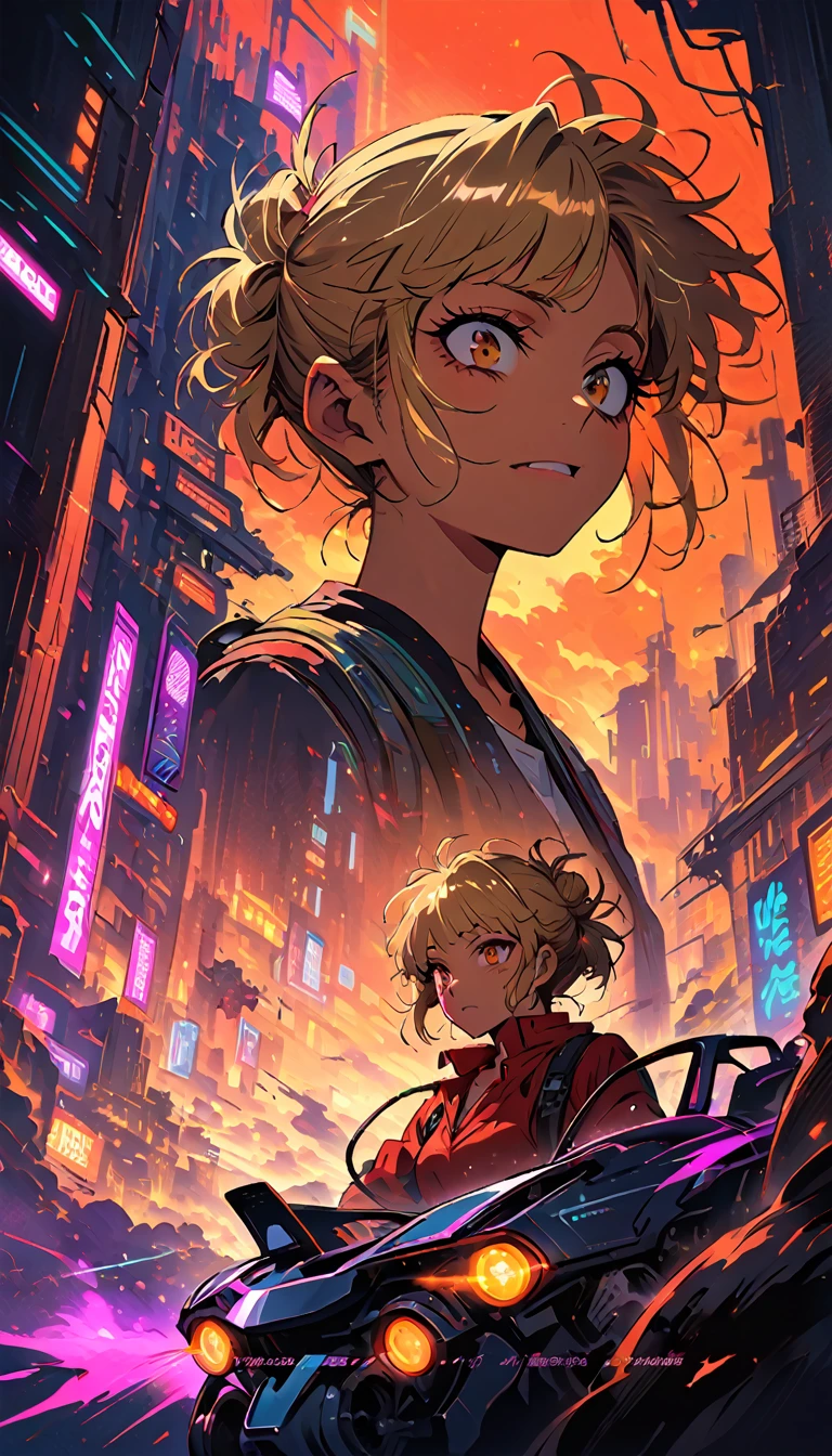 Japanese Anime poster,Cowboy Bebop Faye,portraits,illustration,neon lights,vibrant colors,intense gaze,gritty atmosphere,detailed background,space motif,action-packed scene,strong female lead,futuristic setting,captivating storytelling,laid-back attitude, himiko otoga