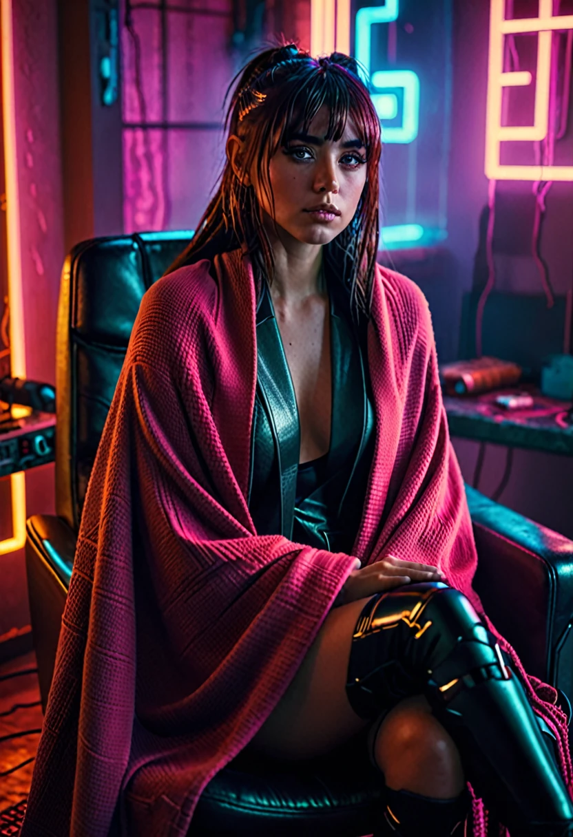 a beautiful j0i woman with long bangs, realistic skin, sitting in a chair wrapped in a blanket, in a cyberpunk style apartment, photorealistic, 8k, HDR, cinematic lighting, intricate details, highly detailed, dramatic composition, moody atmosphere, neon lights, gritty textures, futuristic interior, advanced technology, warm color tones, dramatic shadows