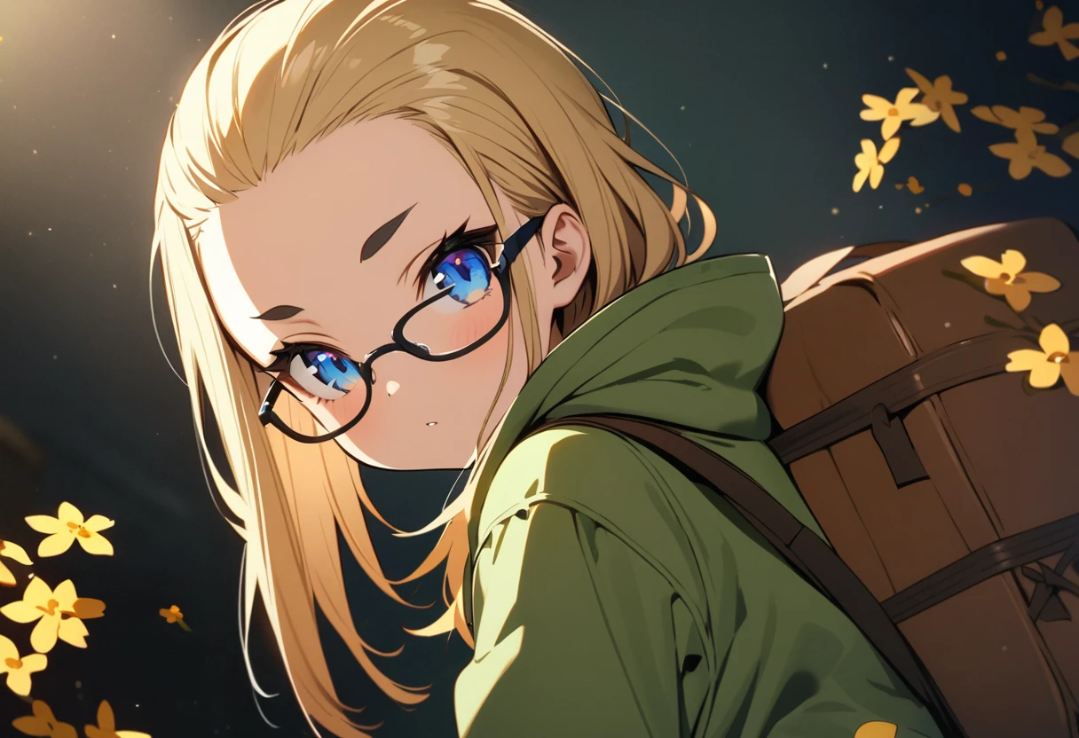 anime,(masterpiece: 1.2), (best quality: 1.2), perfect eyes, perfect face, perfect lighting, photo,Ambient Light,portrait,BREAK,((loli)),skinny,flat chested,(forehead,hair slicked back:1.3),Beautiful blonde hair,(blue eyes),(black nodoka glasses),thick bluish eyeshadow, thin eyebrows, thick black eyeliner, Highlighted eyes with eyeliner, false eyelashes,BREAK, ((osmanthus)),Green mountain parka, backpack, beige chinos,all fours,Look back here,standing